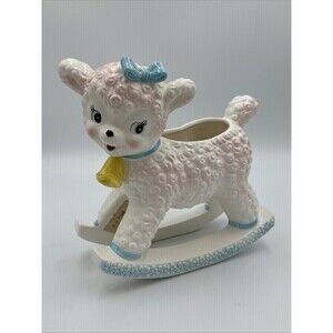 Vtg Baby Lamb Planter By Inarco E-2189 Ceramic W/ Rockers Hand Painted Details